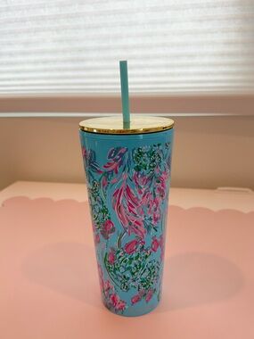 Lilly Pulitzer Blue Floral Travel Tumbler with Gold Rim and Straw